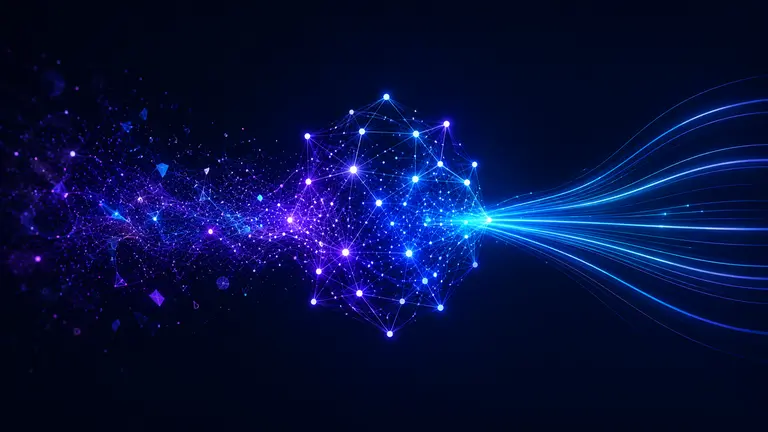 Абстрактная визуализация взаимодействия человека с искусственным интеллектом через текстовый запрос.
