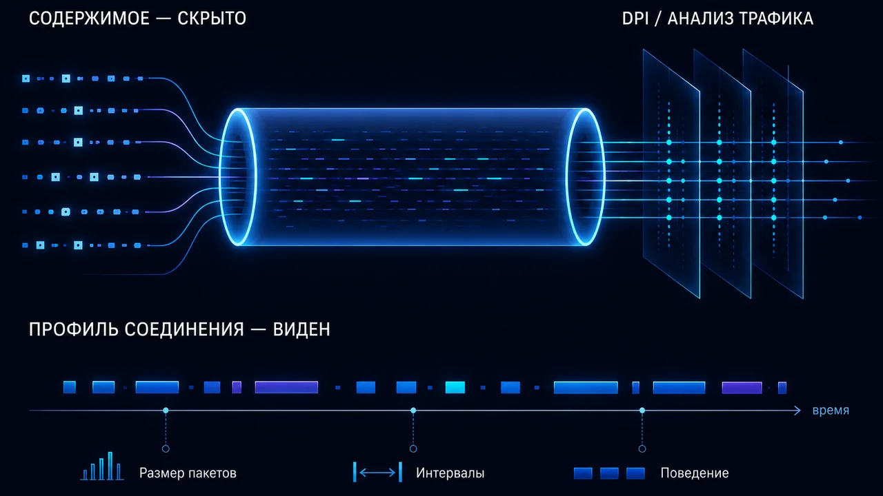 Шифрование скрывает содержимое VPN-трафика, но профиль соединения остается видимым для DPI